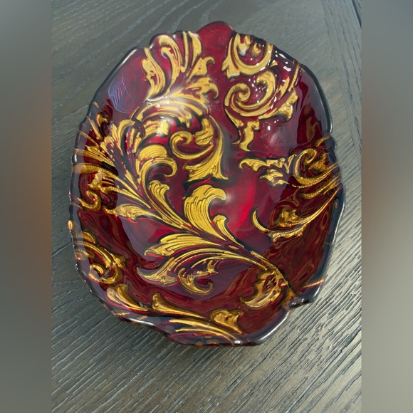 Goofus Red Gold Scroll Glass Oval Candy Trinket Dish Regal Regency 8” x 6” - Picture 4 of 6